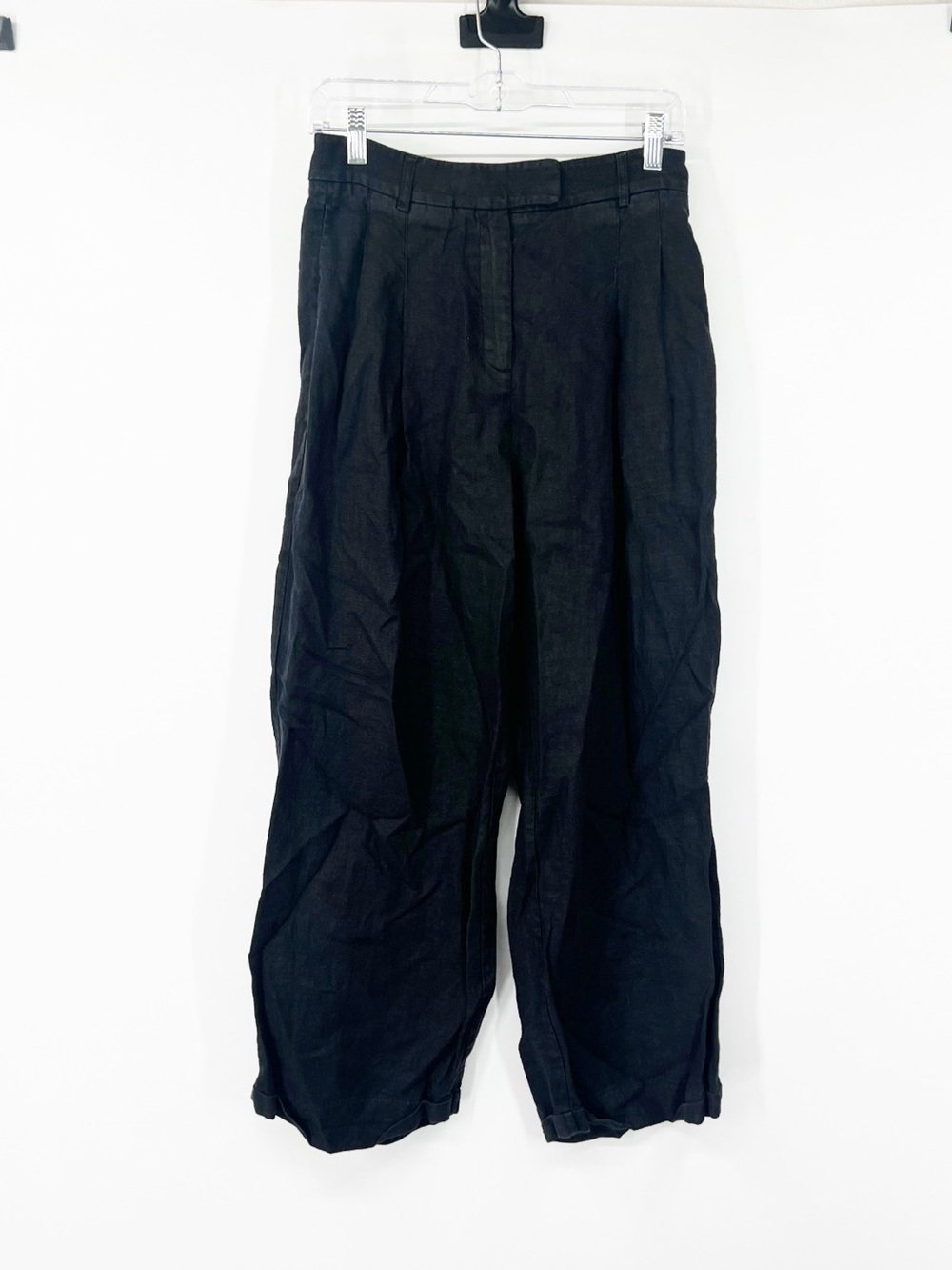 Free People High Rise 100% Linen Pleated Pants in Black